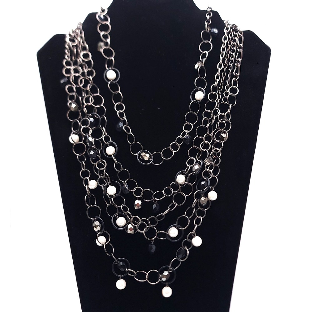 Gunmetal Multi Strand Necklace‎ Faux Pearl Black Bead Statement